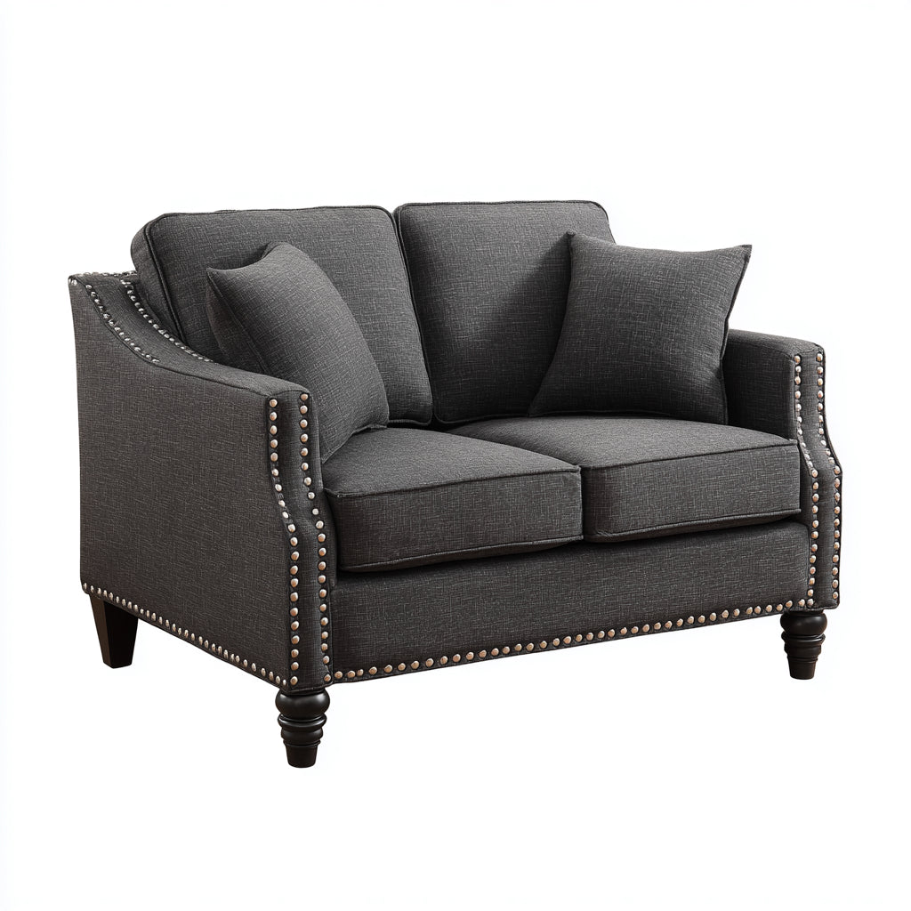 Sofás 2 plazas tapizados de tela con patas torneadas 165x90x88 cm - gris oscuro-negro - diseño clásico
