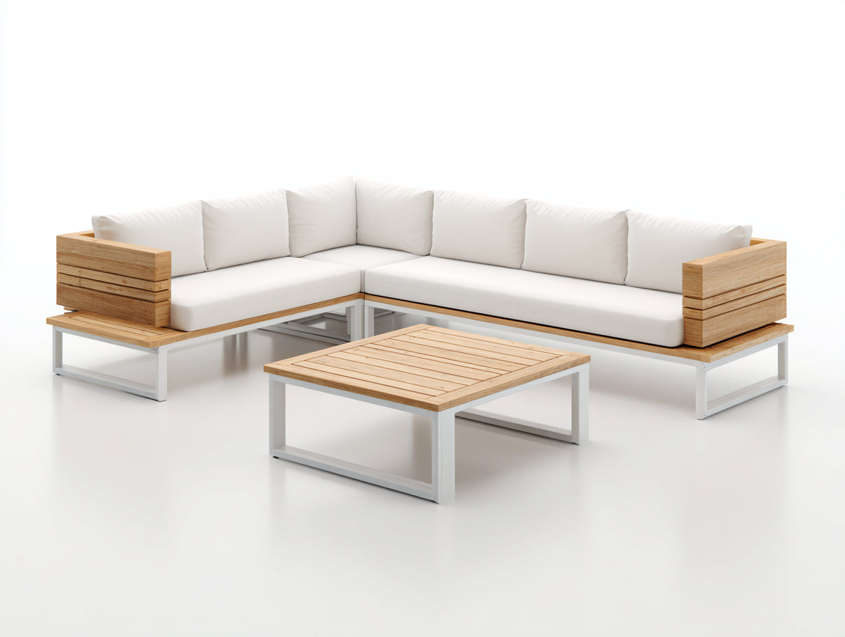 Sofás de exterior de madera y metal 265x265x78 cm blanco-marrón - conjunto esquinero moderno