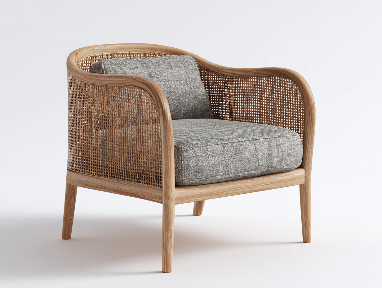 Sillón de ratán madera 88x82x76 cm - natural-gris - diseño curvo con cojín