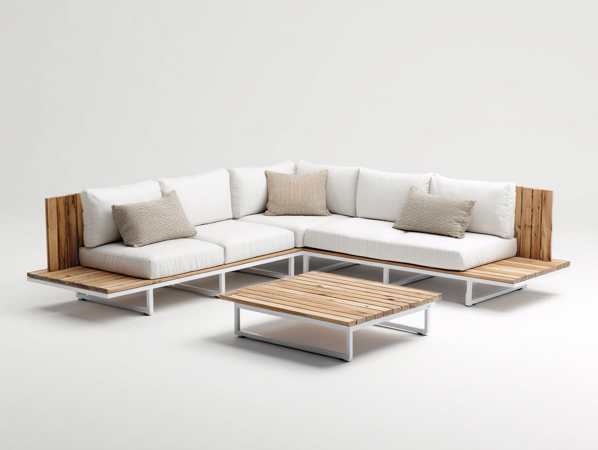 Sofás de exterior cuadrados de madera y metal 2 piezas 260x260x70 cm - Blanco-Natural - Diseño contemporáneo