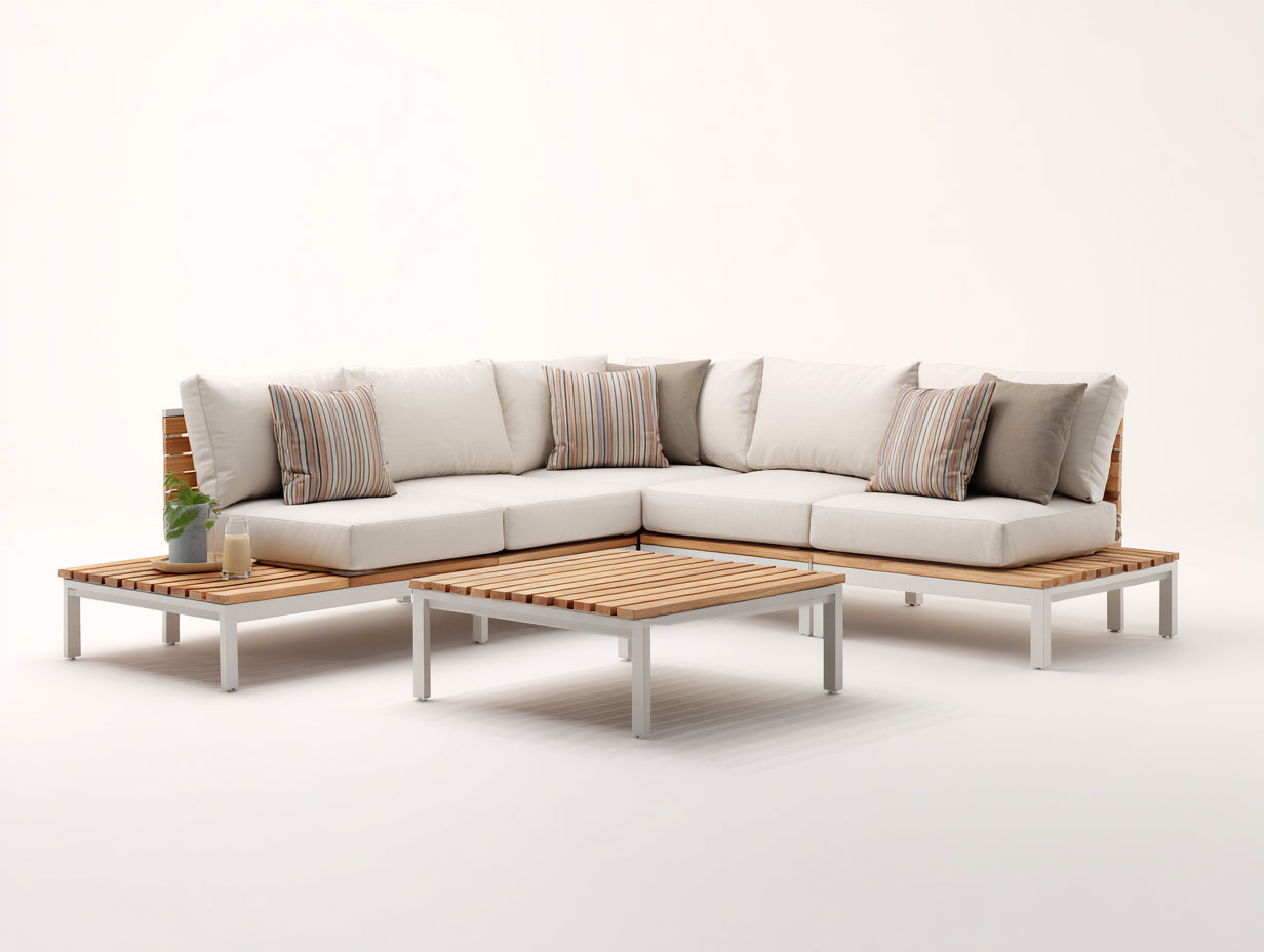 Sofás de exterior de aluminio y madera 300x230x72 cm - beige-marrón claro-blanco - diseño modular con mesa