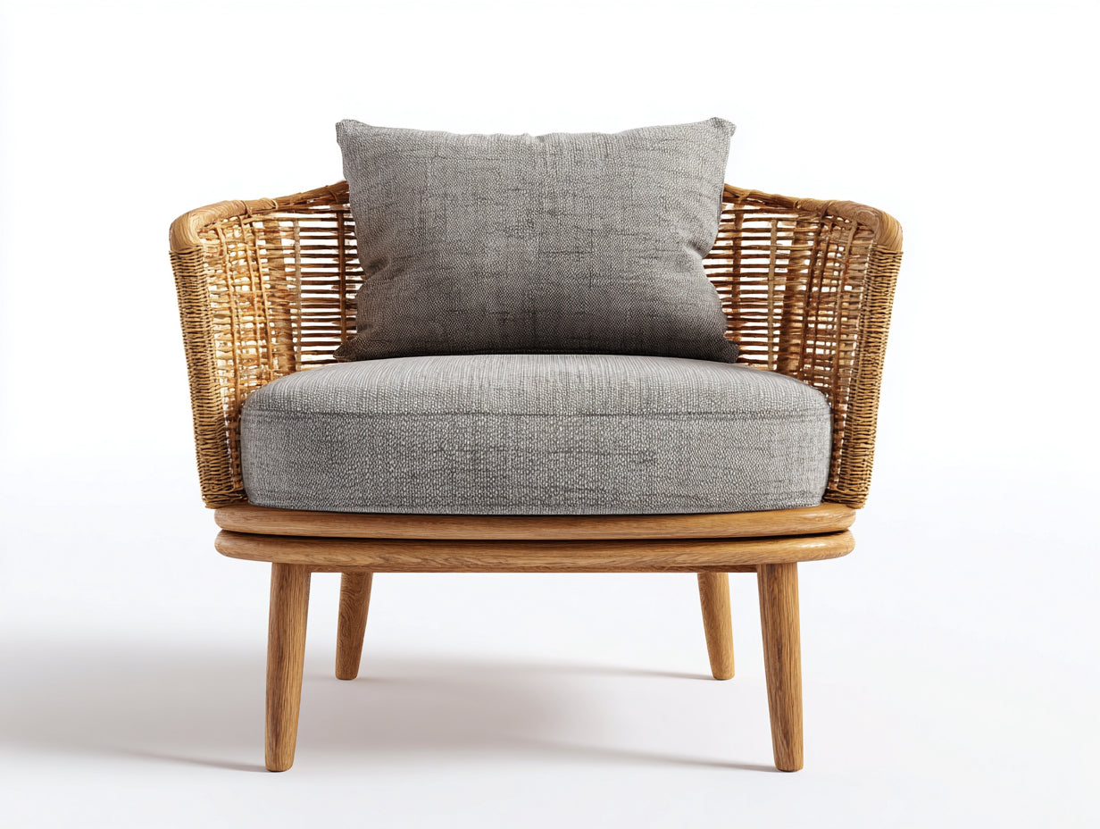 Sillones de ratán natural 88x76x80 cm para salón y terraza - Diseño elevado con patas de madera