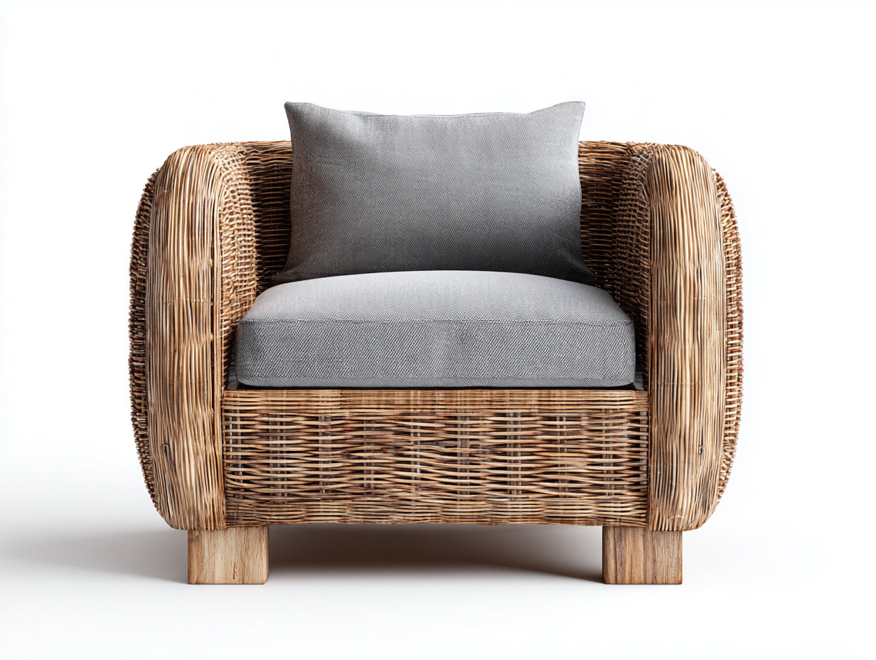 Sillones de ratán sillón individual de ratán natural 85x78x75 cm - marrón claro y gris - diseño moderno con cojín