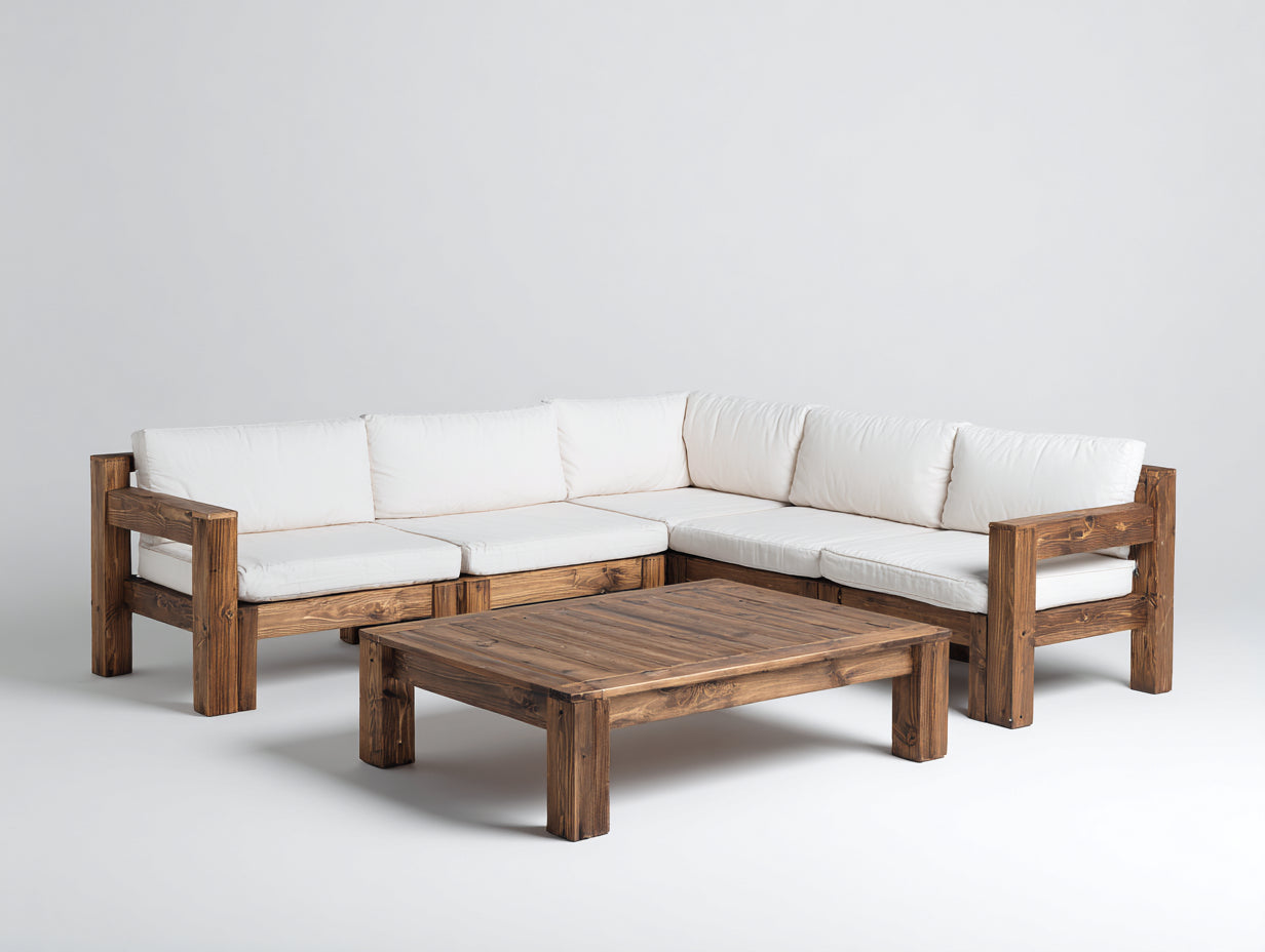 Sofás de exterior de madera 220x220x74 cm - marrón-blanco - diseño cuadrado con mesa