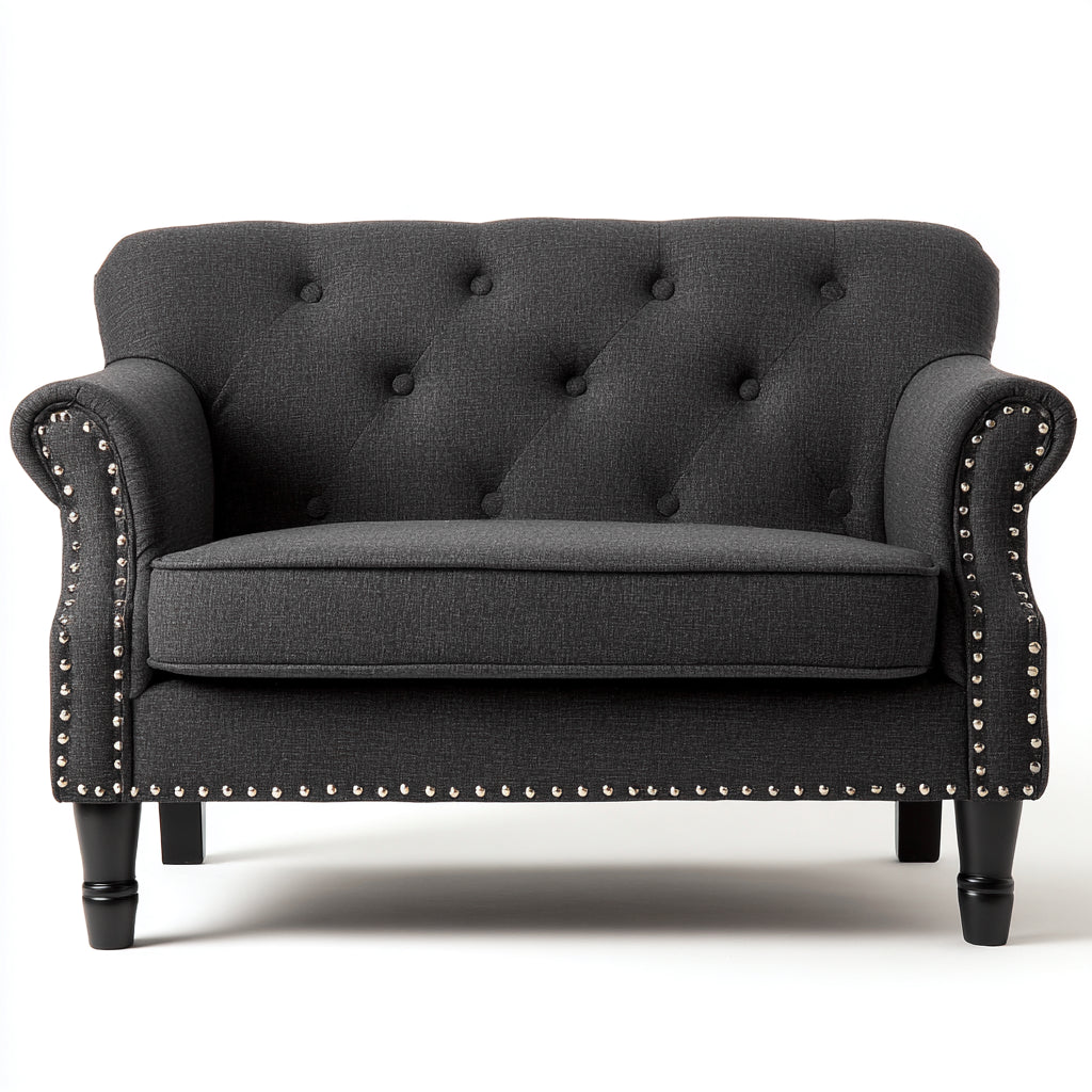 Sofás 2 plazas 150x78x88 cm - tapizado gris oscuro con capitoné y patas negras - diseño clásico para salón