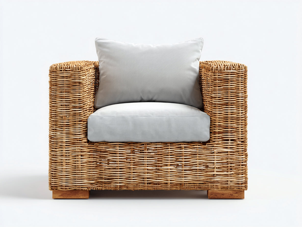 Sillones de ratán sillón individual de ratán natural 85x80x75 cm - marrón claro y gris - diseño moderno con cojín