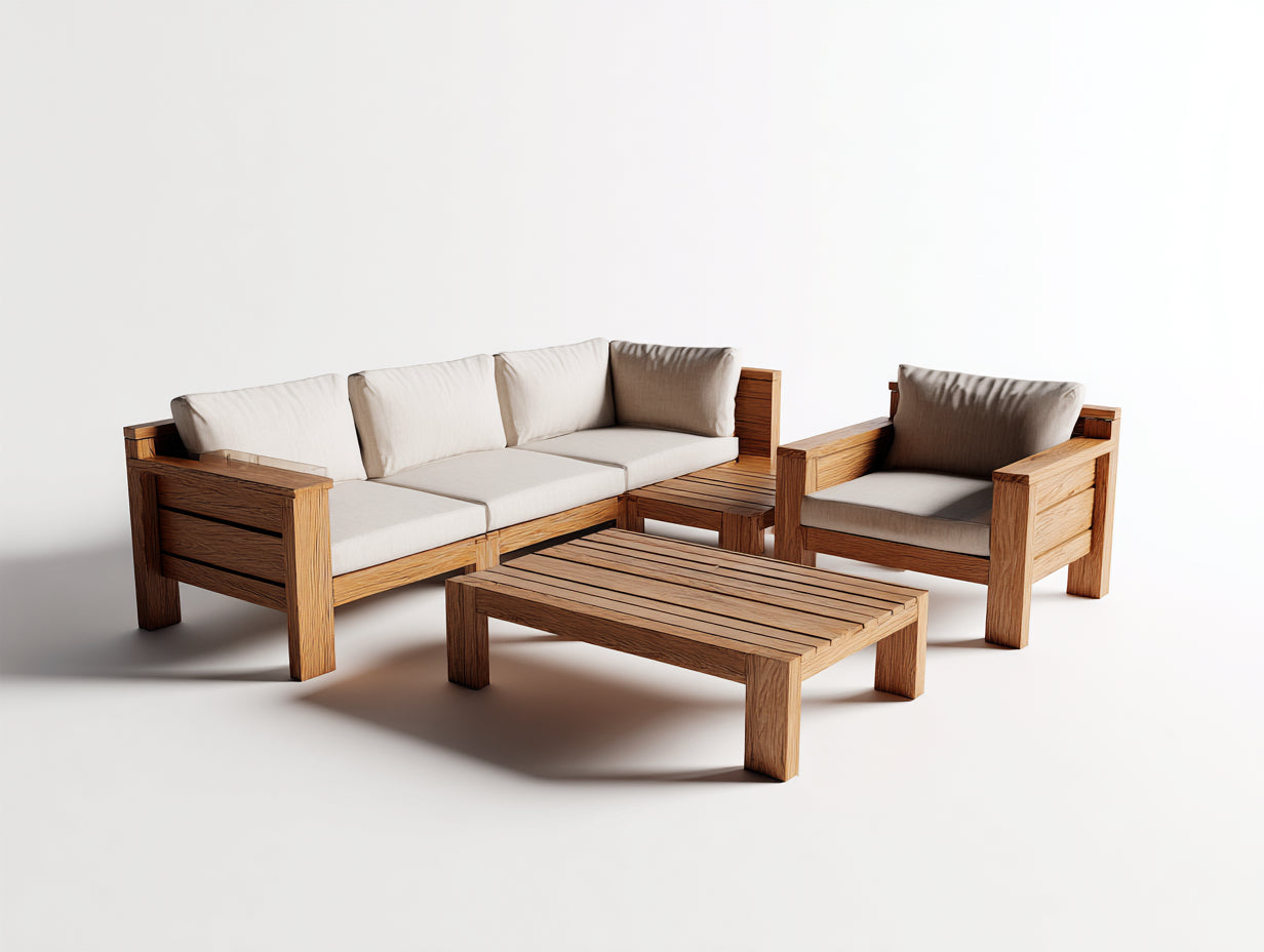 Sofás de exterior madera maciza 200x75x70 cm - madera natural y cojines beige - conjunto jardín moderno